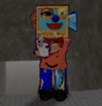 a cartoon character with a box on his head is holding a toy .