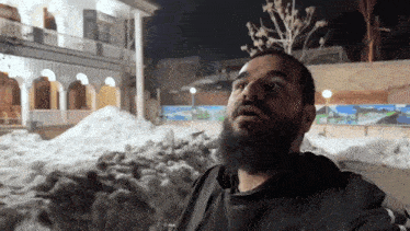 a man with a beard is standing in front of snow