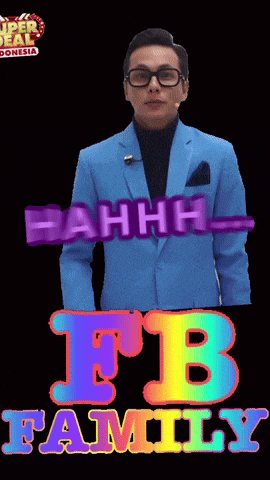 a man in a blue suit is standing in front of a fb family logo