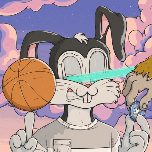 a cartoon of a bunny holding a basketball and a coin that says ' bunny ' on it
