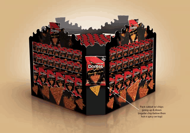 a display of doritos chips shows that the chips are going up & down