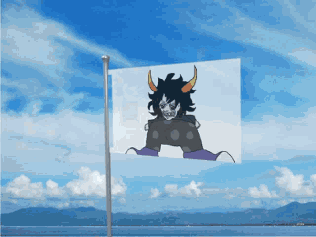 a flag with a picture of a troll with horns on it