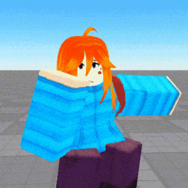 a cartoon character with orange hair is wearing a blue sweater