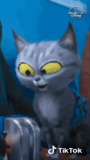 a cartoon cat with big yellow eyes and a tiktok logo on the bottom
