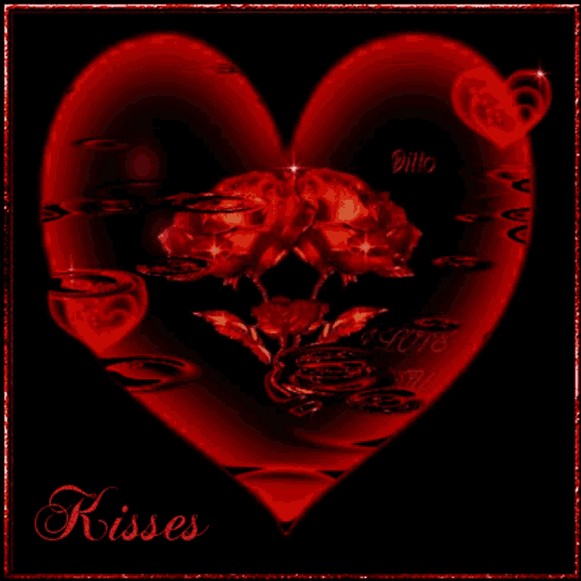 a picture of a red heart with roses and the words kisses
