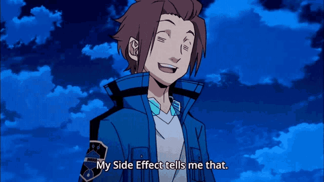 a man in a blue jacket is smiling and says " my side effect tells me that "