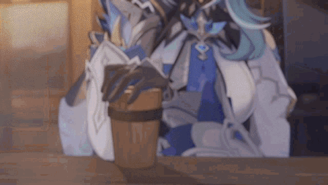 a cartoon character with blue hair is holding a wooden bucket