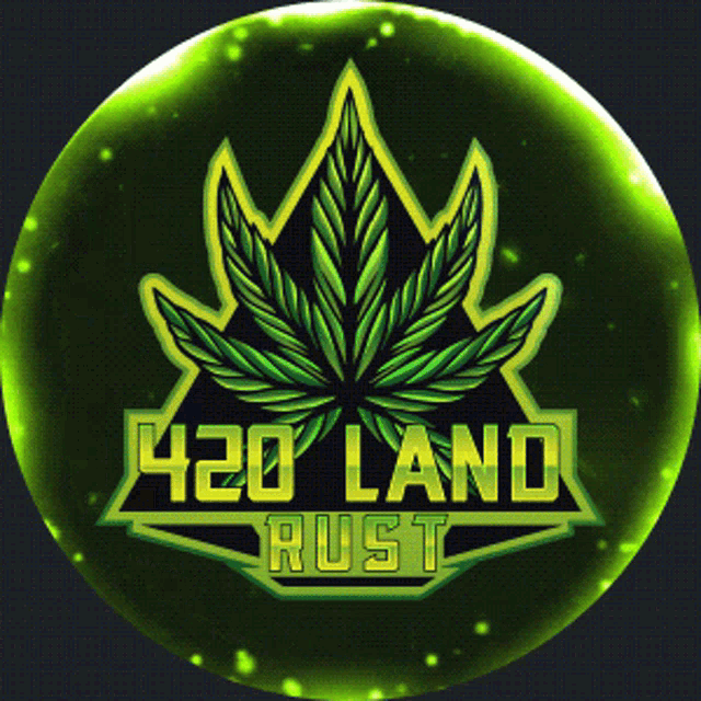 a green logo for 420 land rust with a marijuana leaf in the center