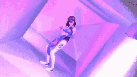 a cartoon character is laying on a purple cube in a room .
