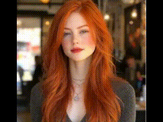 a woman with long red hair and red lipstick is wearing a grey sweater and a necklace .