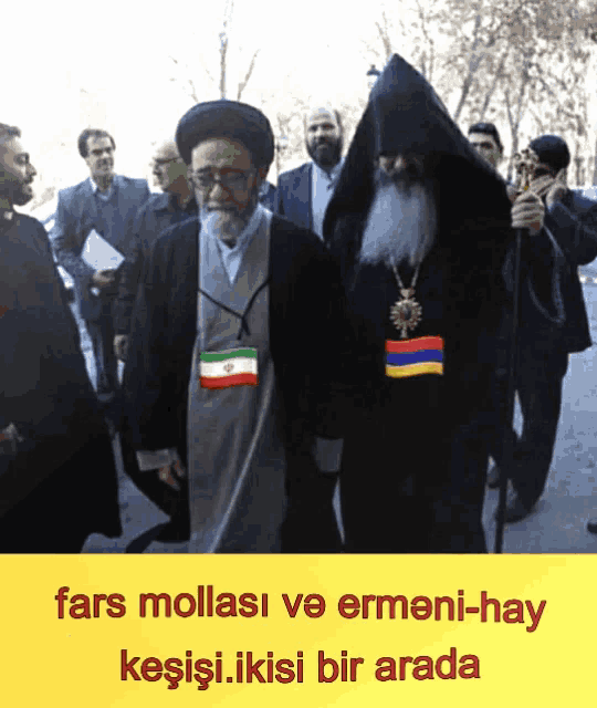 a group of men are walking down a street with the words fars mollasi ve ermeni-hay kesisi.ikisi bir arada