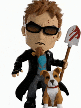 a figurine of a man holding a bloody shovel and a dog