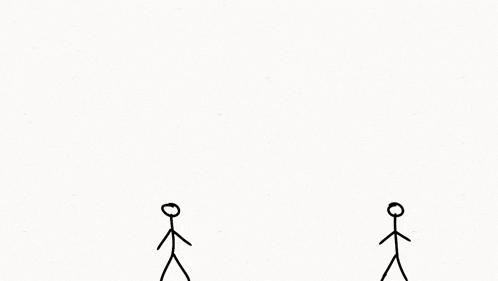 two stick figures are standing next to each other on a white background and one of them is holding a red object .