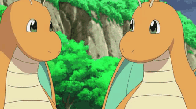 two cartoon dragons are looking at each other