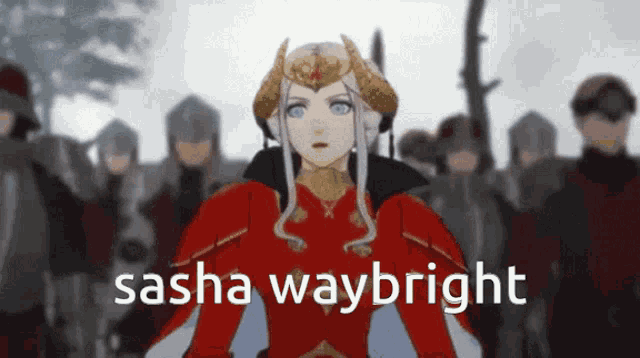 a woman in a red dress is standing in front of a group of soldiers .