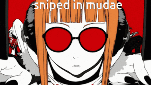 a drawing of a girl wearing red sunglasses and headphones with the words sniped in mudae written on the bottom