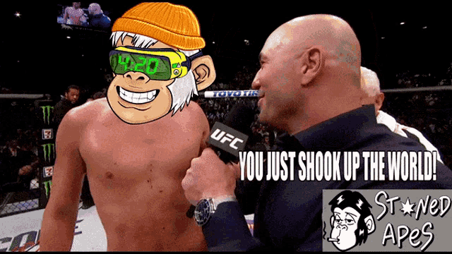 a shirtless man is being interviewed by a man with a microphone that says ufc