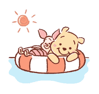 a cartoon of winnie the pooh and piglet floating on a life preserver in the water .