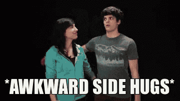 a man and a woman hugging with the words awkward side hugs