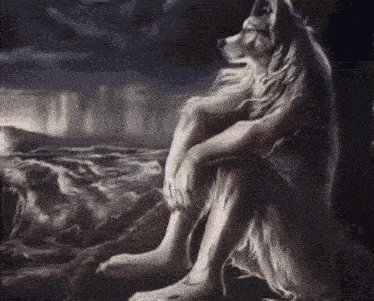 a painting of a wolf sitting on the ground