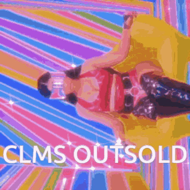 a woman in a red top is laying on a yellow couch with clms outsold written below her