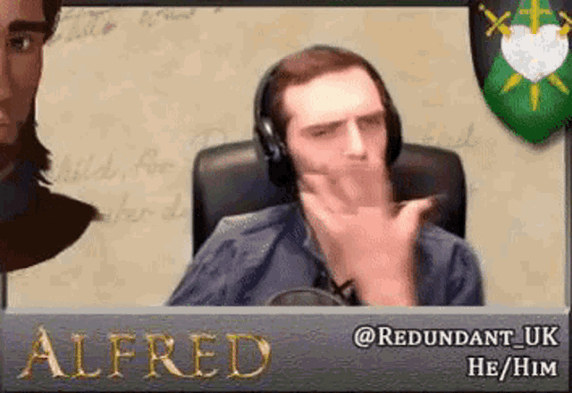 a man wearing headphones sitting in front of a microphone with the name alfred on the bottom