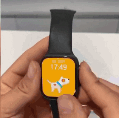 a person is holding a smart watch with a dog on the face and the time is 17:49