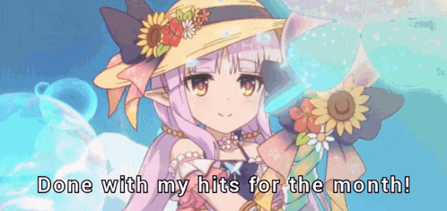 a girl with purple hair is wearing a hat with sunflowers on it and the words done with my hits for the month .