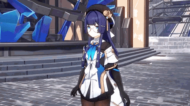 a girl with long blue hair wearing glasses and a hat