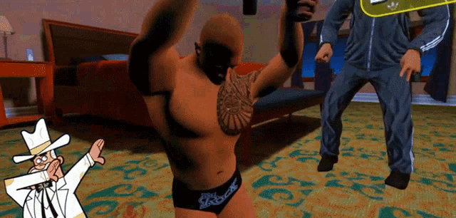 a cartoon of a man with a tattoo on his chest is dancing