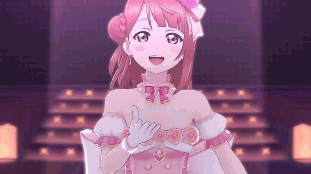 a girl in a pink dress and white gloves is giving a thumbs up