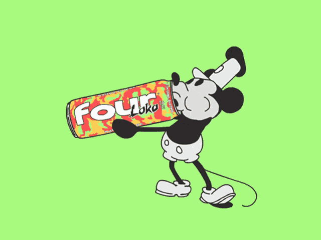 a cartoon of mickey mouse drinking a can of four