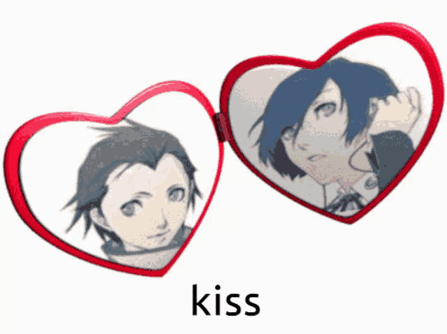 a heart shaped mirror with a picture of a boy and girl and the word kiss below it