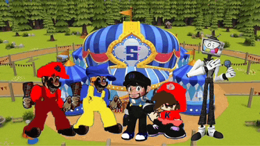 a group of cartoon characters standing in front of a carnival tent with the letter s on the top