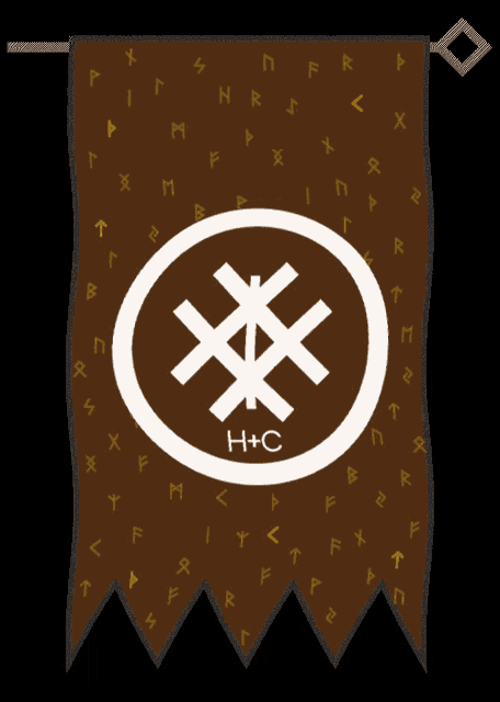 a brown banner with a white cross in a circle that says h + c on it