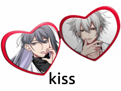 a couple of heart shaped mirrors with the word kiss below them