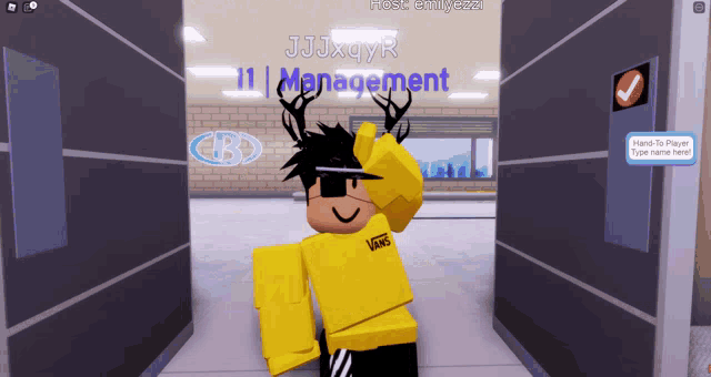 a roblox character wearing a yellow vans shirt stands in a hallway