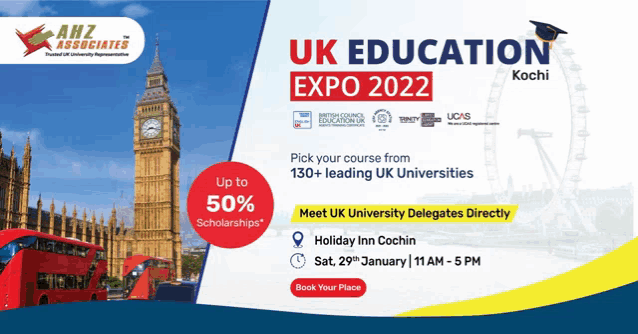 an advertisement for the uk education expo 2022 in kochi