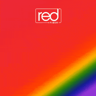 a red fiber logo with a pair of rainbow heart shaped sunglasses on a rainbow background