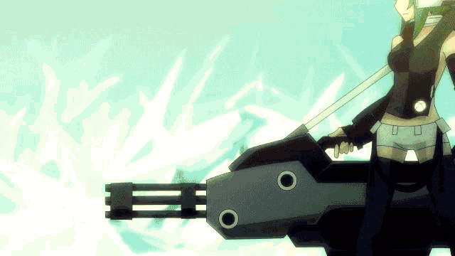 a girl with green hair is holding a cannon