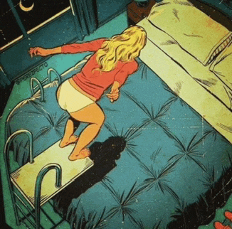 a drawing of a woman laying on a bed with a ladder leading up to it