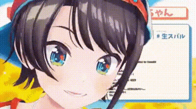 a close up of a anime girl with blue eyes wearing a red hat and smiling .