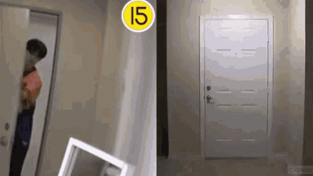 a man is standing in a doorway next to a door with a yellow sign that says 15 .