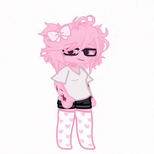 a girl with pink hair and glasses is wearing a white shirt and shorts