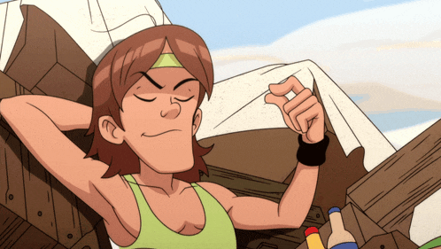 a cartoon drawing of a man with his eyes closed and a green tank top