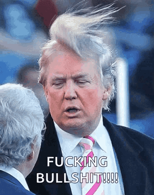donald trump talking to another man with his hair blowing in the wind while wearing a suit and tie