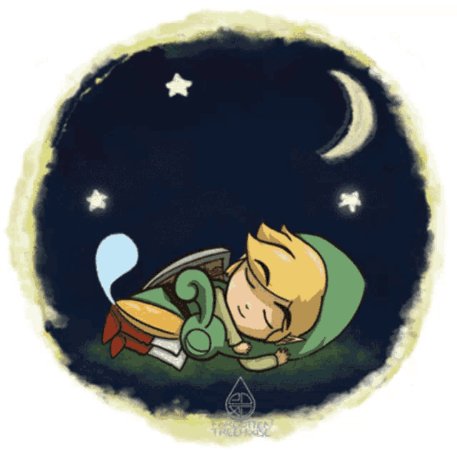 a cartoon of link sleeping under a moon