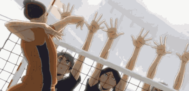 a group of people are playing volleyball with their hands up in the air