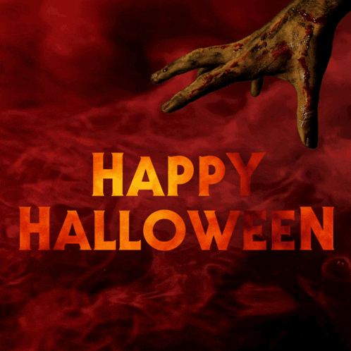 a bloody hand with the words happy halloween written below it