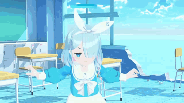 a cartoon girl with blue hair and white ears is standing in a classroom with desks and chairs